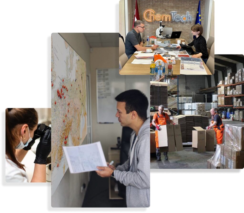 ChemTech team at work: office in Riga, laboratory testing, logistics planning and warehouse